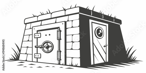 a small brick bunker with two doors and a grassy roof Vector