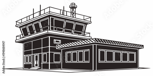 a small airport control tower with a building Vector