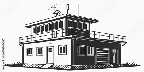 a small two-story building with a railing and antennas Vector