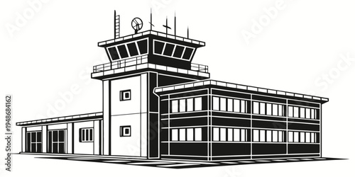 a tall airport control tower with a large building Vector