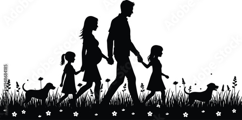 Silhouette illustration of family walking outdoors with children, pregnant mother, dogs, flowers, and plants, representing unity, bonding, nature, and lifestyle artwork design