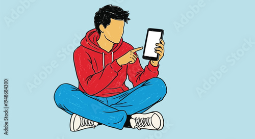 Faceless boy tapping an empty cell phone sketch texture