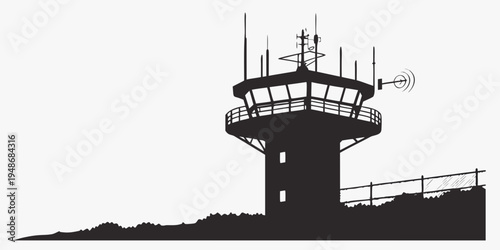 a tall tower with a railing and antennas on top Vector
