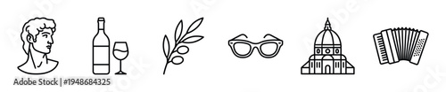 Set of minimalist line art icons representing various cultural symbols and elements associated with Italy.
