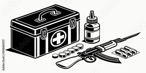 a first aid kit with medical supplies Vector