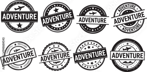 Collection of vintage adventure themed rubber stamps with various icons Vector