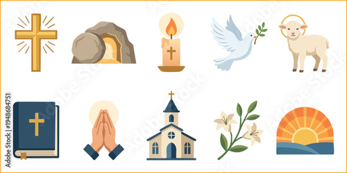 Christian religious holy week Easter symbol vector illustration set isolated on white.