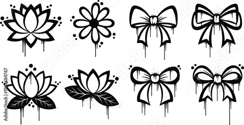 Hand drawn lotus flowers and ribbon bows doodle illustration set in grunge dripping sketch style decorative elements isolatedHand drawn lotus flowers and ribbon bows doodle illustration set in grunge 