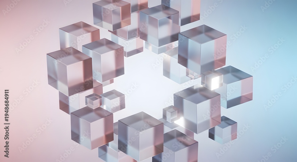 Fototapeta premium Abstract 3D background with floating glass cubes in a circular formation