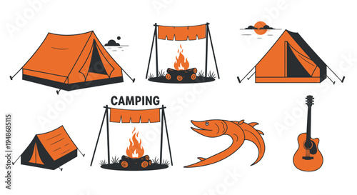 Set of 7 camping icons vector, orange and black