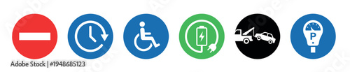 Collection of six colorful circular road and parking signs includes symbols for no entry, time limits, disabled access, electric charging, no towing, and paid parking.