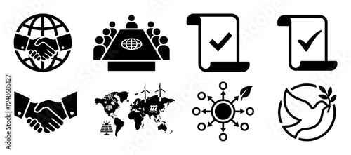 Set of diverse icons illustrating global cooperation, international agreements, environmental sustainability, and peace.