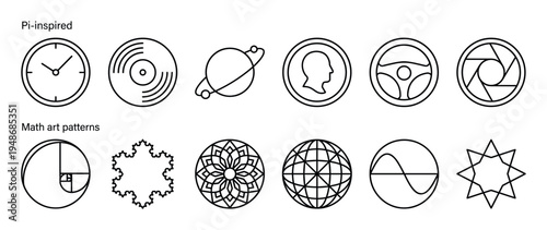 Collection of diverse circular line art icons featuring Pi-inspired designs and intricate mathematical art patterns for various concepts.