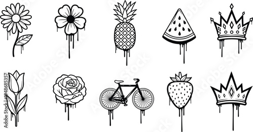 Hand drawn doodle icon set with flowers pineapple watermelon strawberry crowns and bicycle in grunge dripping sketch style isolatedHand drawn doodle icon set with flowers pineapple watermelon strawber