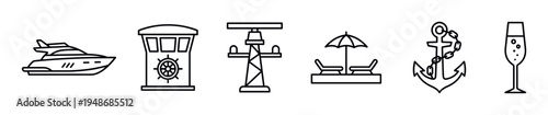 Collection of luxury travel and vacation line icons, including a yacht, ship's bridge, cable car, beach setup, anchor, and champagne glass.