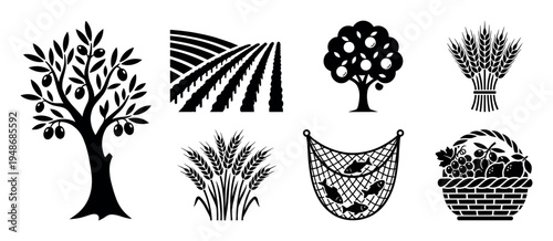 Set of black silhouette icons depicting various agricultural elements and natural produce, including trees, cultivated fields, wheat, a fishing net, and a fruit basket.