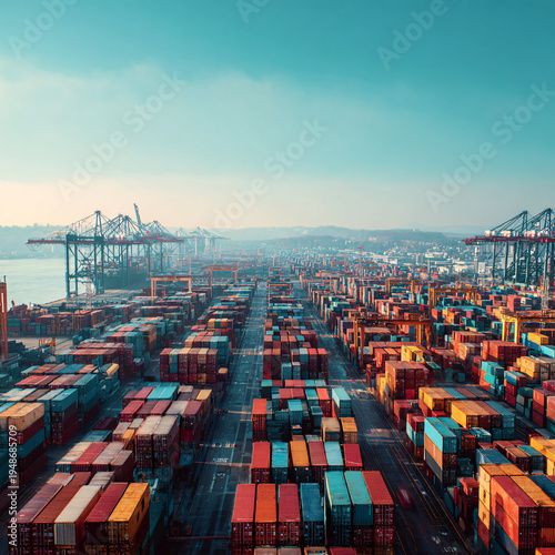 Industrial scale shipping port with stacked colorful containers, cranes, and copy space in a clear sky for global trade concepts.