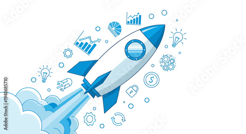 Dynamic rocket launch illustration with space icons and cloud exhaust for futuristic technology.