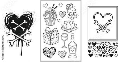 Hand drawn love themed doodle illustration set with hearts skull gift cupcake wine bottle and romantic elements isolatedHand drawn love themed doodle illustration set with hearts skull gift cupcake wi