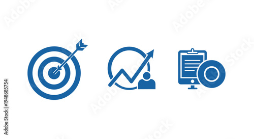 Three Achievements Icons Represent Target, Analytics, and Clipboard Workflow in Blue Theme.
