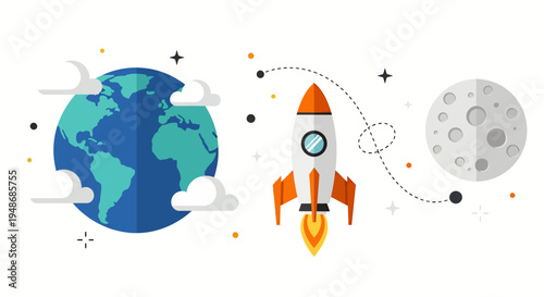 Global Earth and Rocket Launch Scene Illustrating Space Exploration and Moon Mission.