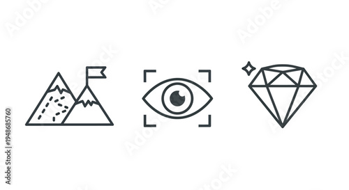 Stylized mountain range with flag, eye focus symbol, and diamond graphic illustration.