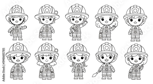 Series of cartoon firefighters in uniform and helmets, grayscale illustration, group lineup.