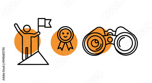 Celebration of achievement featuring podium, flag, medal, and ribbon symbols in a ceremonial context.