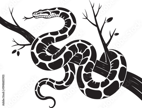 Coiled Black and White Anaconda on Tree Branch - Graphic Animal Illustration