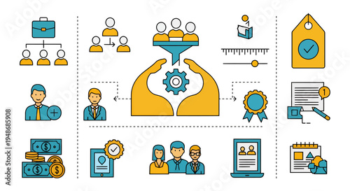 Illustration of corporate teamwork and leadership with diverse professionals collaborating in a business environment.