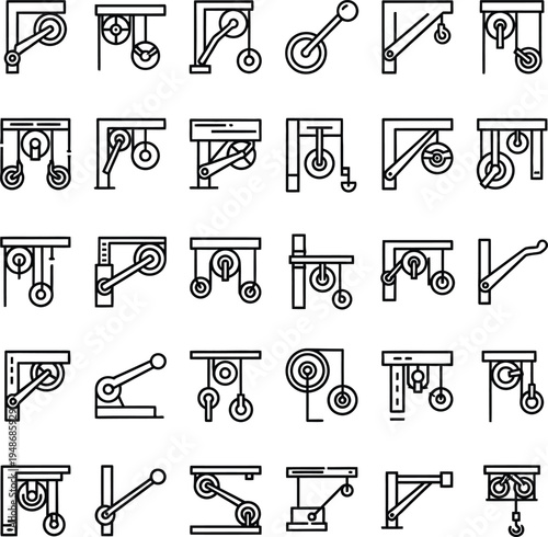 Pulley system and hoist line icon set. Mechanical lifting equipment, simple machines, and winch mechanisms vector outline symbols for engineering, physics, and industrial design.