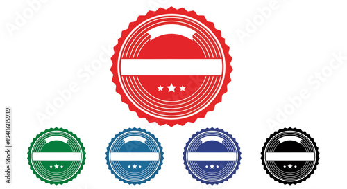 Set of round circular badge emblems in red, green, blue and black with stripes and stars for graphic design and branding elements.