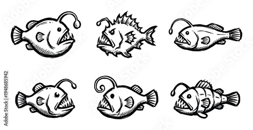 Collection of six menacing deep-sea anglerfish illustrations with sharp teeth and bioluminescent lures in a hand-drawn sketch style.