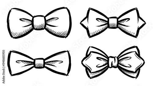 Set of four hand-drawn bow tie illustrations, depicting various styles of this classic formal wear accessory in a sketch art.