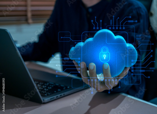 Cloud security and cloud computing concept. Protected data storage icon and digital network interface. Secure SaaS platform, encrypted cloud infrastructure, online backup, remote access technology.