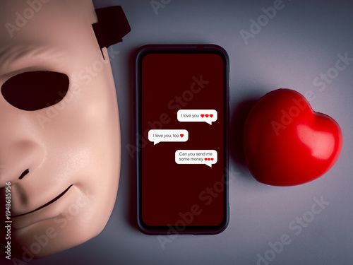 Romance scam concept with anonymous mask, smartphone and heart symbol showing online dating fraud. Catfishing, emotional manipulation and online love scam targeting victims for financial exploitation.
