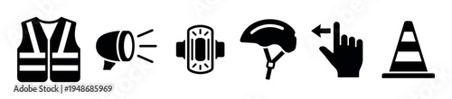 Comprehensive set of black silhouette icons depicting safety equipment and communication tools for various activities.