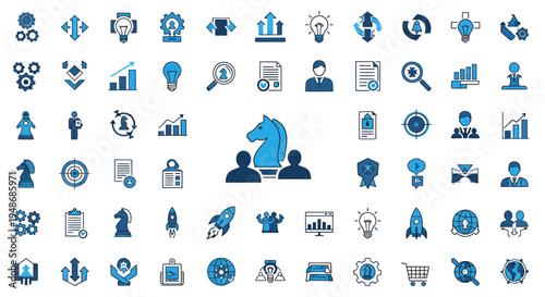 Abstract blue icon collage featuring business, technology, and communication symbols across a modern corporate theme.