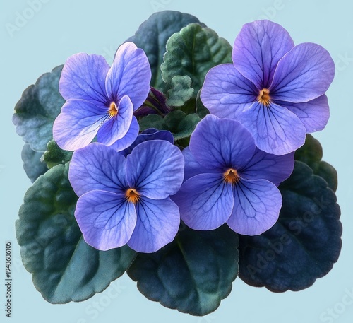 close-up of delicate purple violet flowers with yellow centers and dark green rounded leaves on a soft pale blue background, evoking calm and gentle beauty