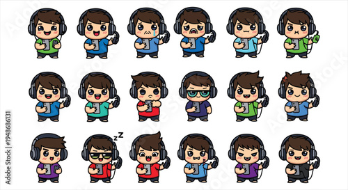 Cute Gamer Boy Character Emote Sticker Set, Cartoon Gaming Avatar Emoji Pack, Streaming Reaction Icons for Twitch Discord Vector