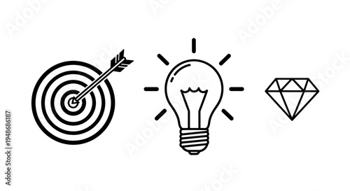 Target Bullseye, Light Bulb, and Diamond Icons Depicting Goals, Ideas, and Value in Graphic Representation.