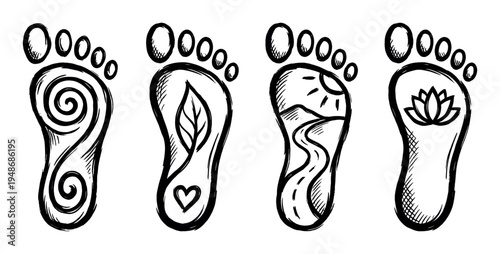 Set of four hand-drawn stylized footprints, each featuring unique nature-inspired designs like a spiral, leaf, landscape, and lotus flower.