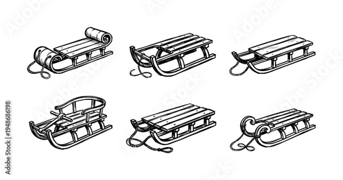 Collection of traditional wooden sled illustrations in black and white line art, depicting various designs for winter recreation.