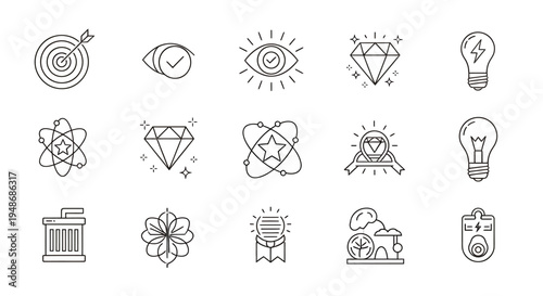 Collection of science and technology icons featuring eyes, sun, atom, DNA, lightbulbs and gears for graphic design use.