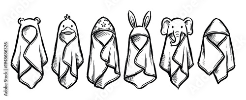 Hand-drawn collection of cute baby hooded towels with various animal designs and patterns.