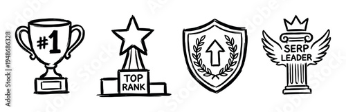 Hand-drawn set of success and ranking icons for business achievement and search engine optimization.