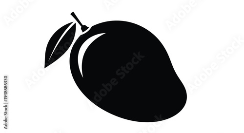 Simple black silhouette of a ripe mango with a single leaf and stem
