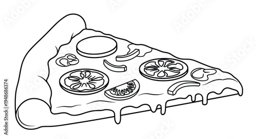Line drawing of a pizza slice topped with tomatoes onions and olives