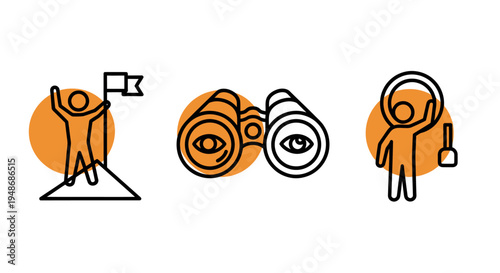 Minimal orange vector icons showing a climber with a flag, circular symbols, and a lone explorer symbol.