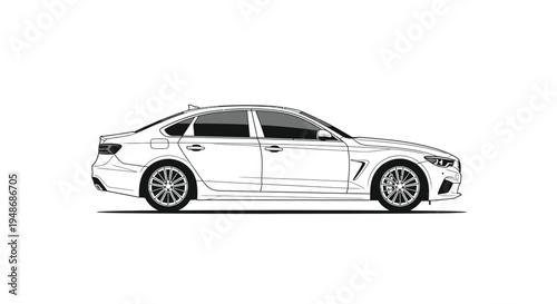 White sedan car side view illustration with detailed design elements